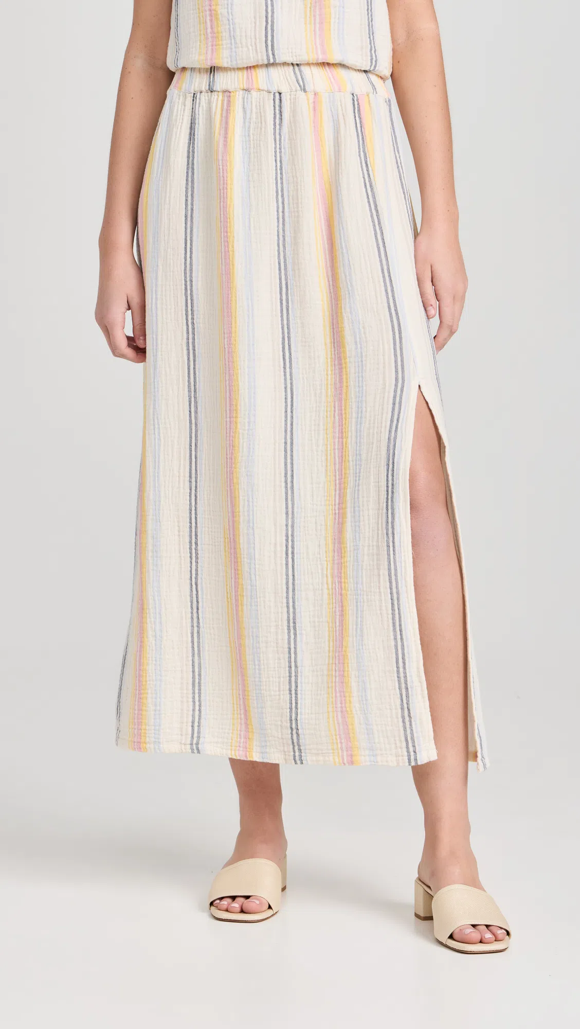SUNDRY Long Skirt W/ Slit Cream/multi Stripes