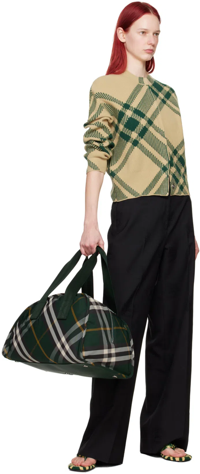 BURBERRY Women Pool Check Thong Sandals In Green