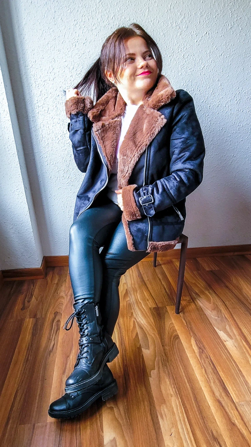 Combat boots with aviator jacket | Wearing: Alice And Olivia Front Zip Leather Leggings In Black; Guess Orana Combat Boot In Brown; Spanx Faux Leather Moto Leggings In Black
