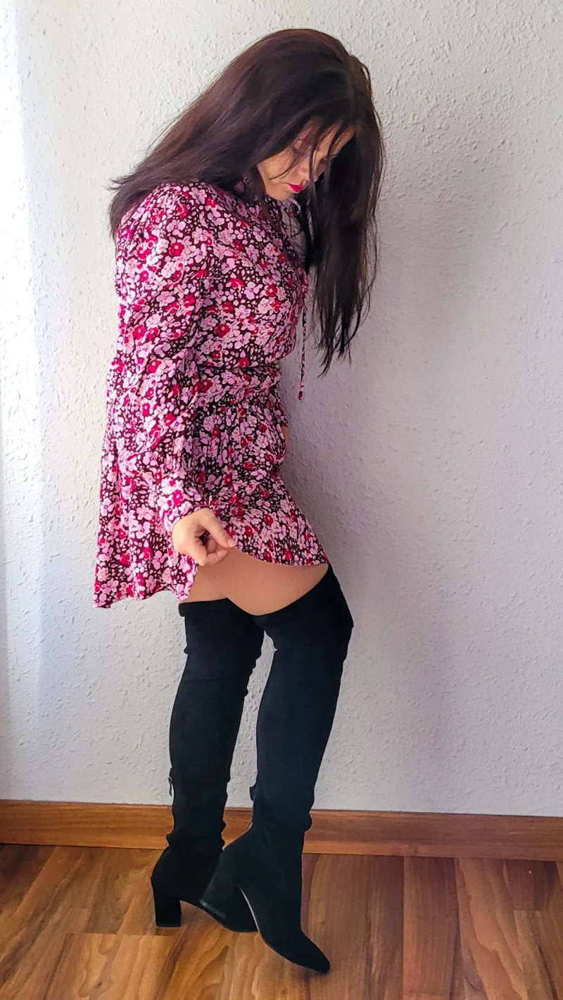 Over the knee boots and floral dress | Wearing: Dolce & Gabbana Floral Lace Dress In Pink; Oscar De La Renta Floral-print Tiered Dress In Pink; Stuart Weitzman Tieland Over-the-knee Boots In Black