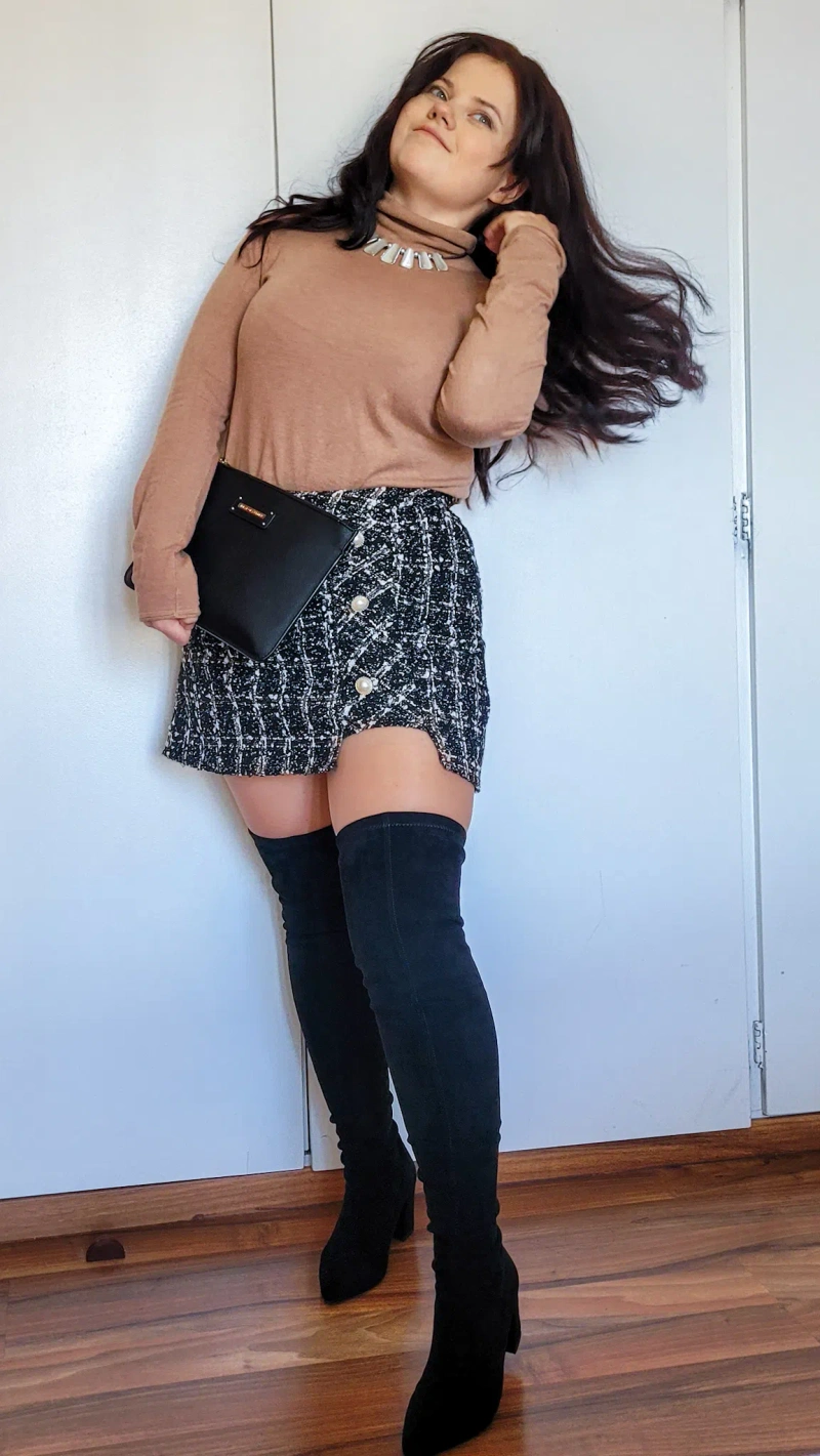 Plaid tweed skirt with over the knee boots | Wearing: Stuart Weitzman Over-the-knee Boots With Luxurious Suede Finish And Elegant Design In Black; Miss Selfridge Ponte Mini Skort In Black Plaid-multi; Veronica Beard Medford Tweed Mini Skirt In Navy Multi