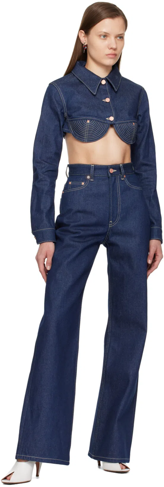 JEAN PAUL GAULTIER Denim Cropped Jacket With Topstitching Details On Cups In Blue