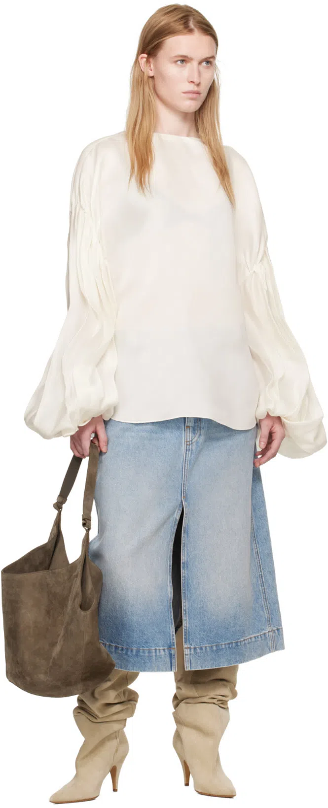 KHAITE River Suede Knee Boots In Beige