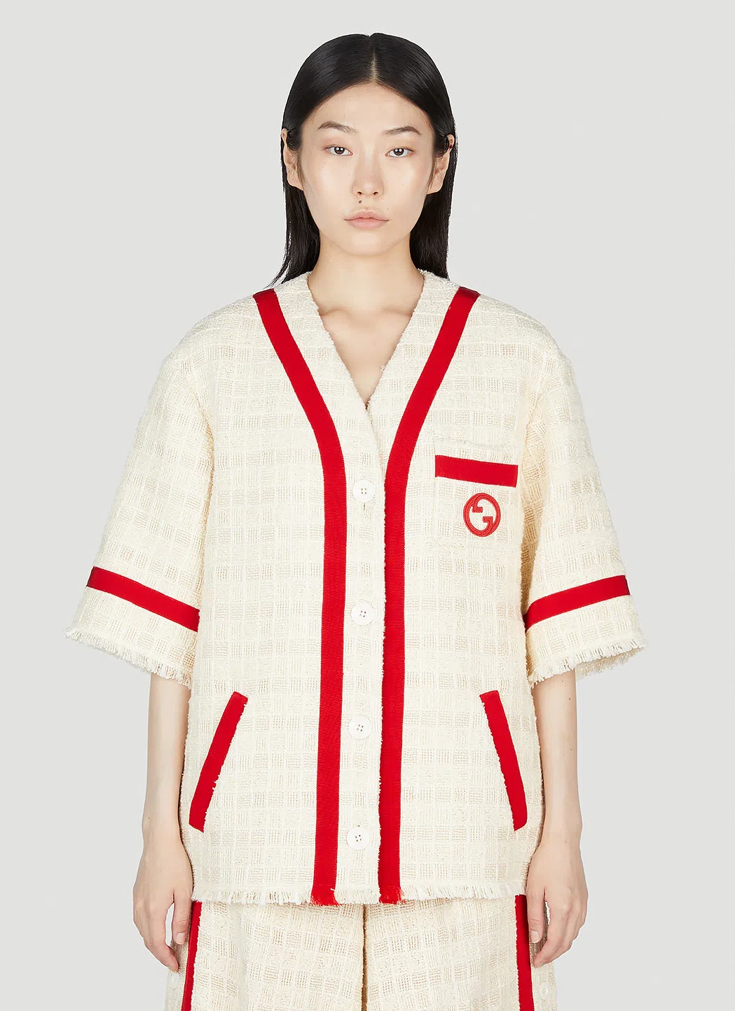 GUCCI Interlocking G Textured Tweed V-neck Jacket In White