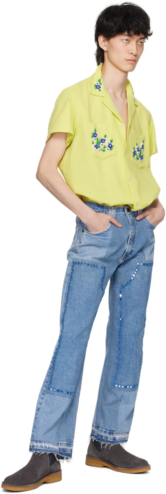 BODE Mens Beaded Chicory Short-sleeve Shirt In Yellow