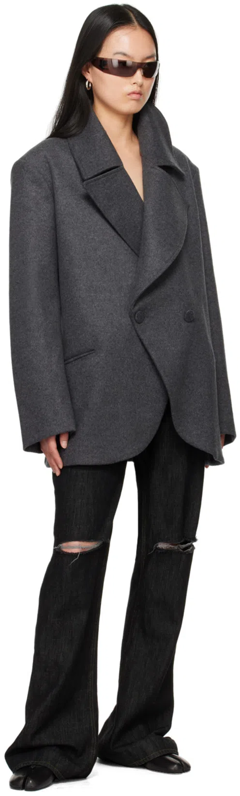 AARON ESH Gray Peaked Lapel Coat In Grey