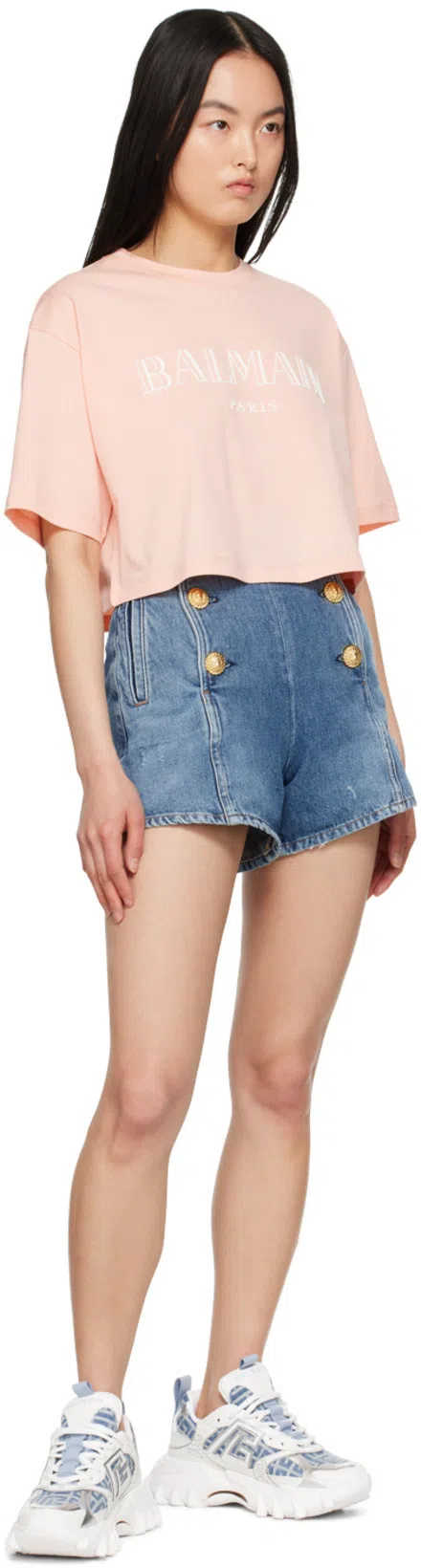 BALMAIN 6-button High Waist Denim Shorts In Blue