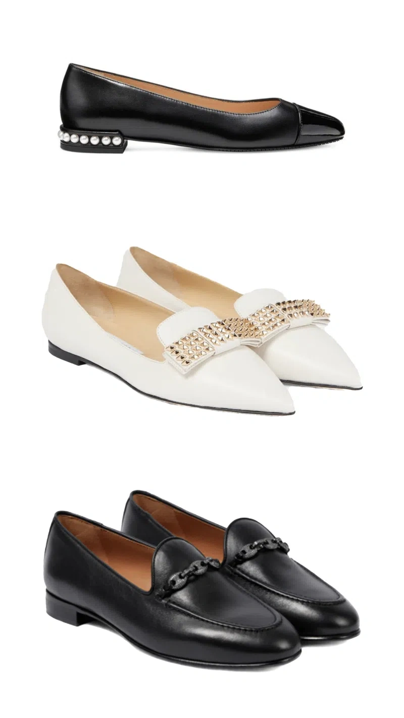 Embellished flats for office and business | Wearing: Jimmy Choo Gala Embellished Leather Ballet Flats In White; Stuart Weitzman Women's Pearl Slip On Cap Toe Flats In Black; Aquazzura Tasslimo Embellished Leather Loafers In Black