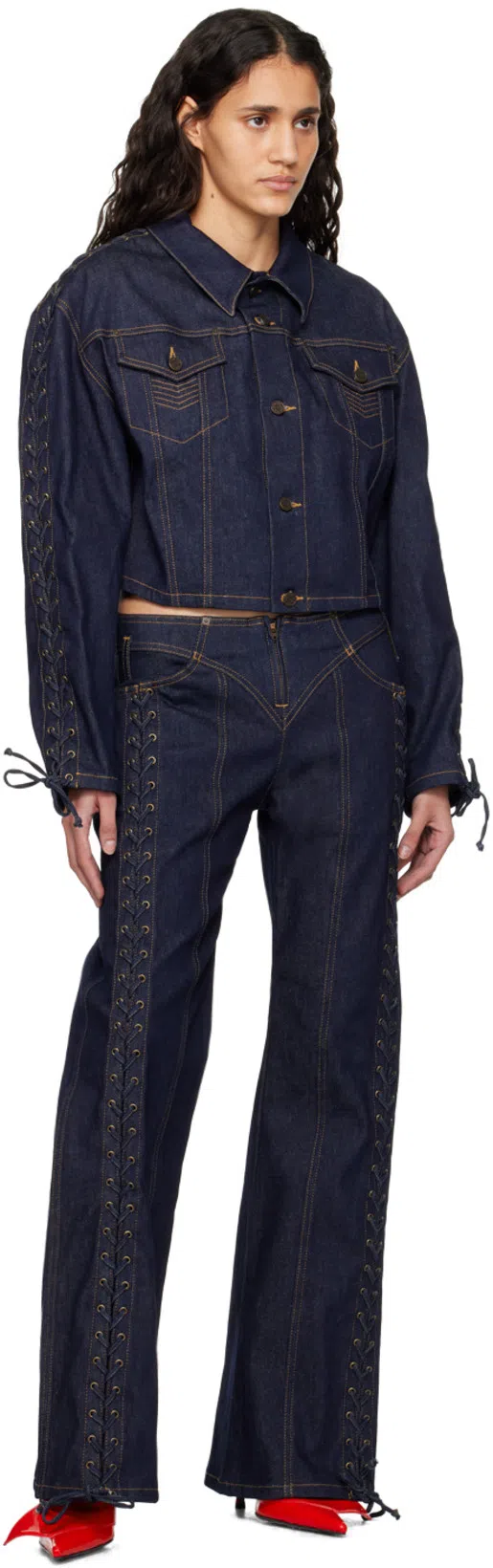 JEAN PAUL GAULTIER Oversized Lace-up Topstitched Denim Jacket In 55-indigo