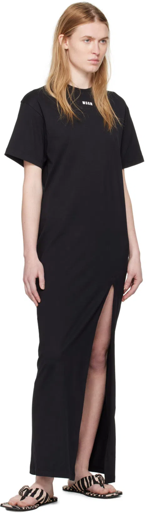 MSGM Crew Neck Long Dress With Side Slit In Black