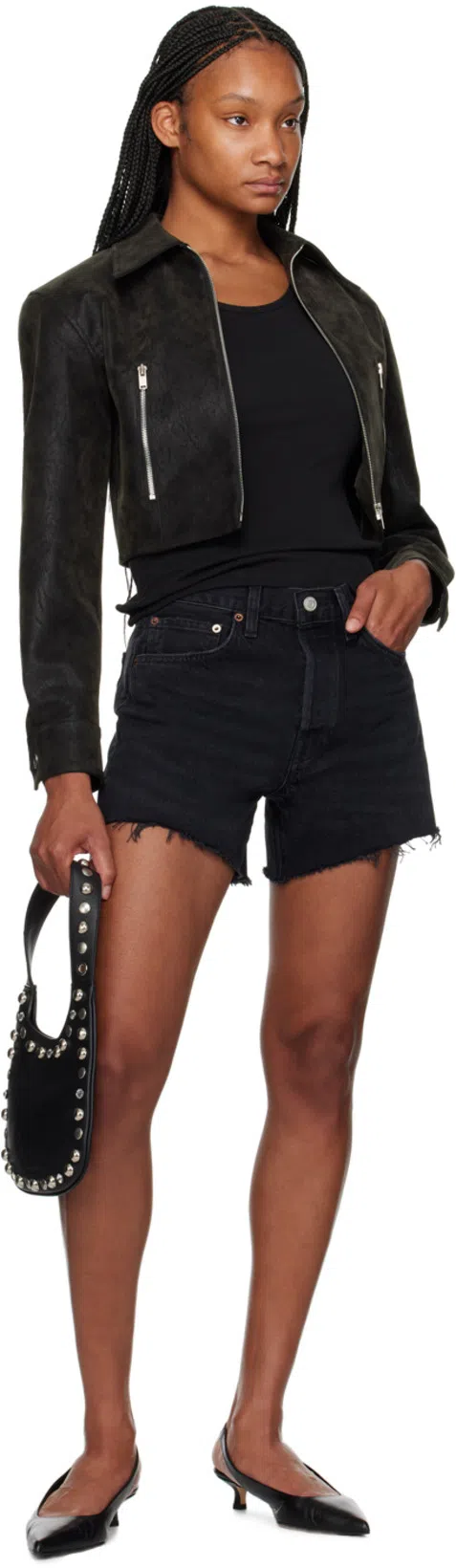 AGOLDE Parker Black Distressed Denim Shorts In Fallen