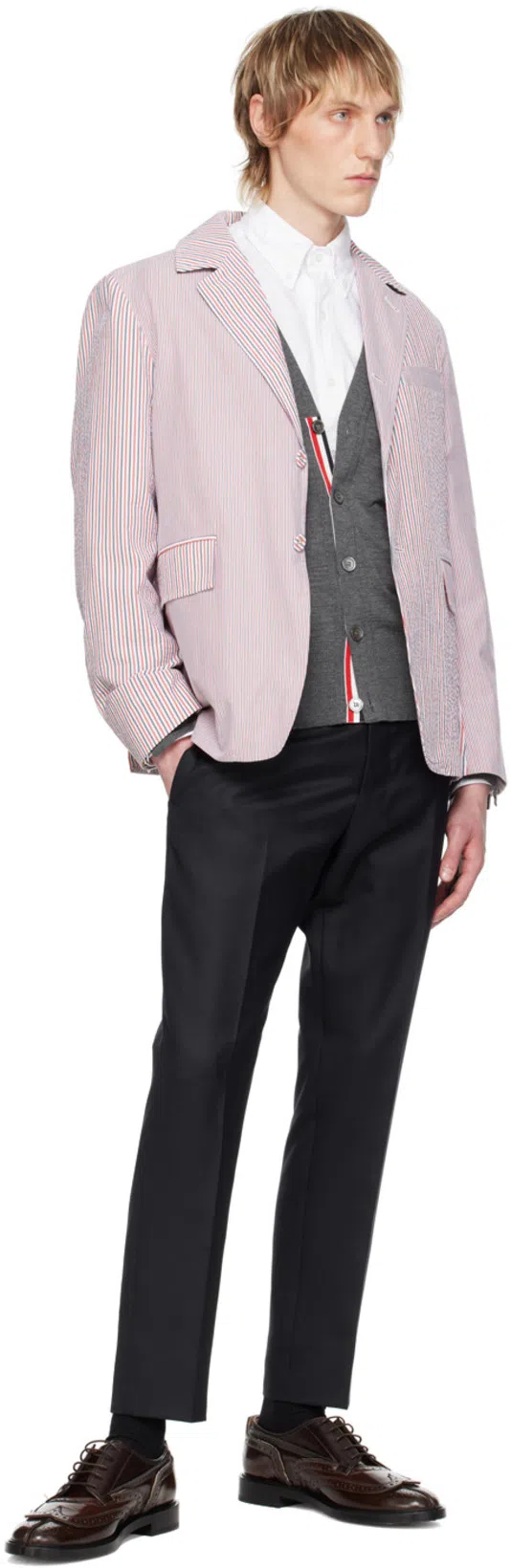 THOM BROWNE V-neck Grey Wool Cardigan With Signature Striped Detail In Gray