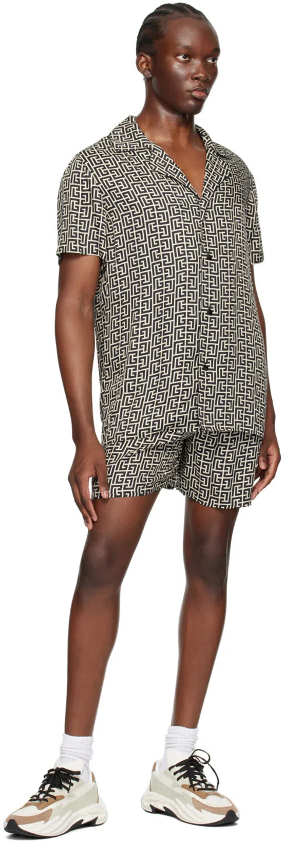 BALMAIN Black And White Bowling Shirt With All-over Monogram