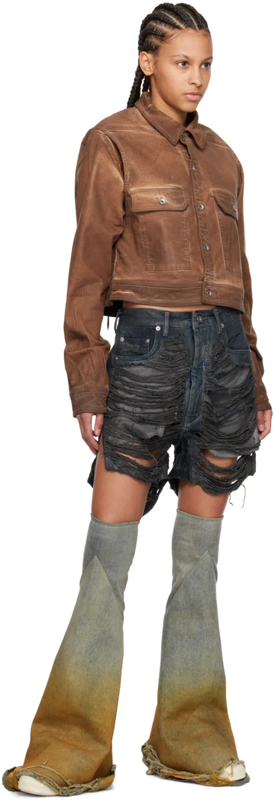 RICK OWENS DRKSHDW Brown Cape Sleeve Cropped Denim Jacket In 54 Henna Brown