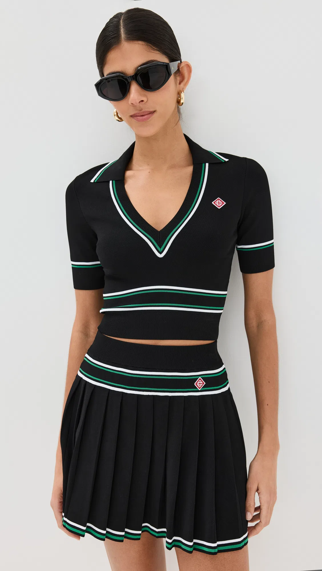 CASABLANCA Striped Short-sleeve Crop Polo Shirt In Black