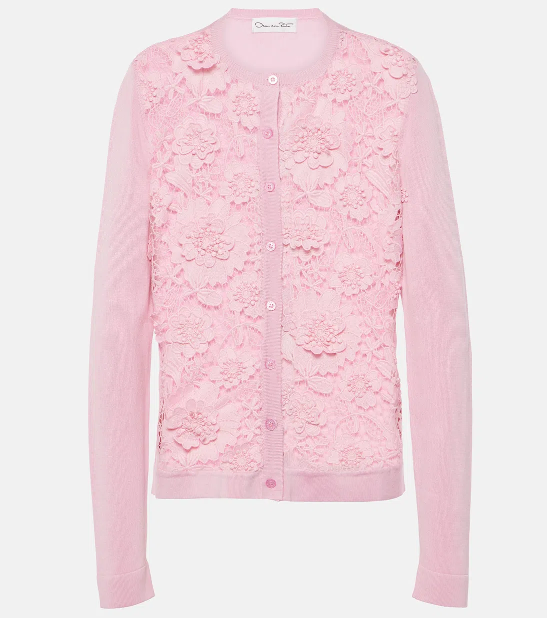 OSCAR DE LA RENTA Floral Guipure Inset Long-sleeve Crewneck Cardigan In Rosehip