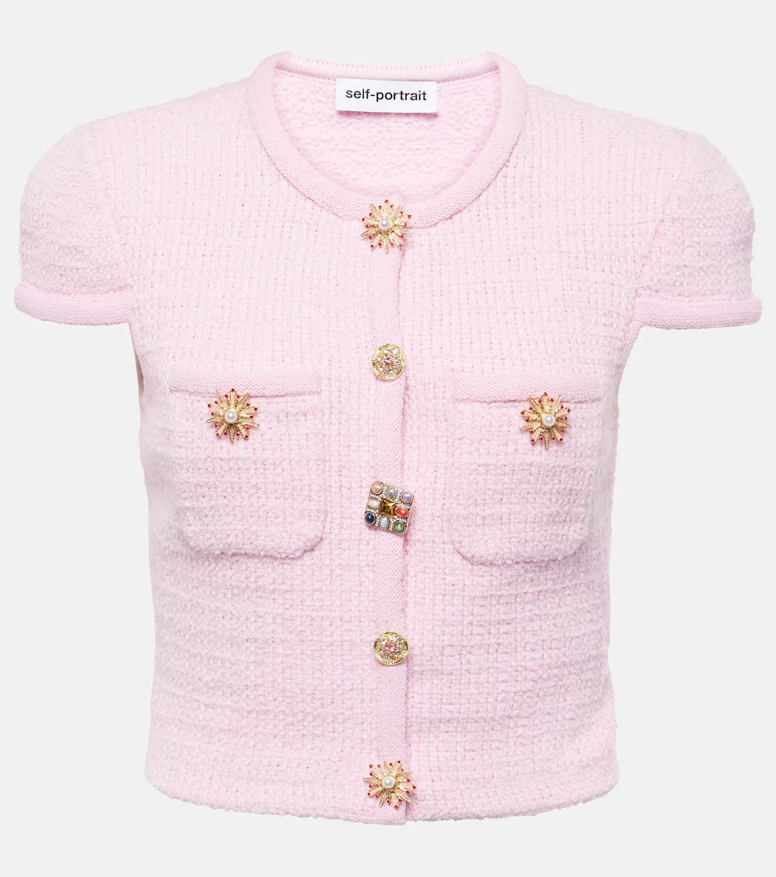 SELF-PORTRAIT Knitted Miniskirt With Jewels Buttons In Pink