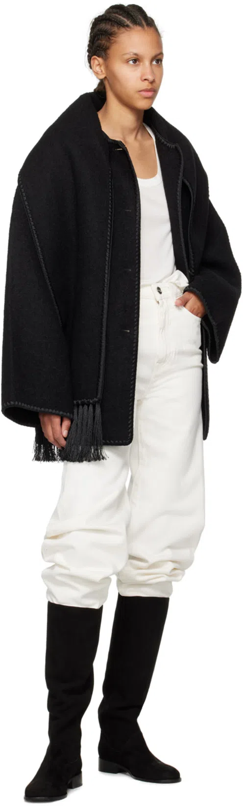 TOTÊME Womens Scarf-overlay Contrast-trim Relaxed-fit Wool-blend Jacket Black