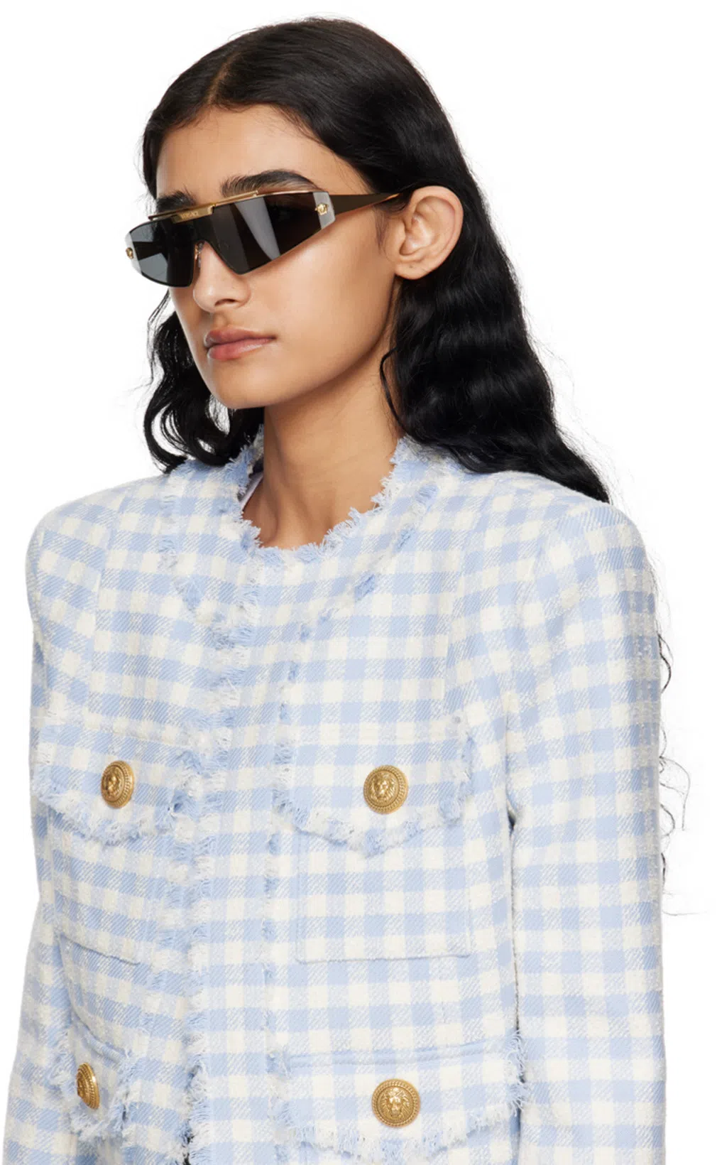 BALMAIN Blue Plaid Cropped Tweed Jacket