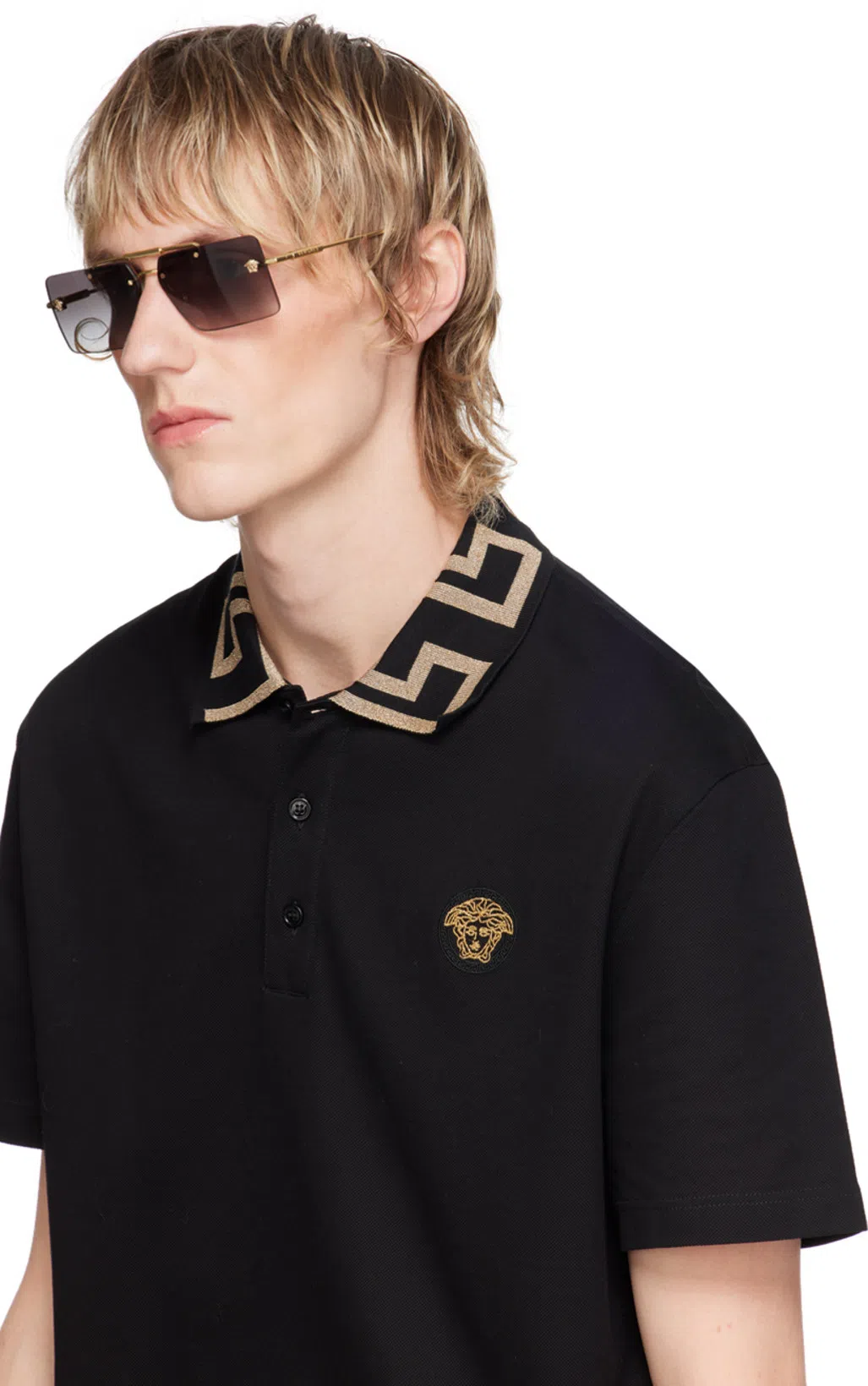 VERSACE Geometric Patterned Black Polo Shirt With Classic Placket