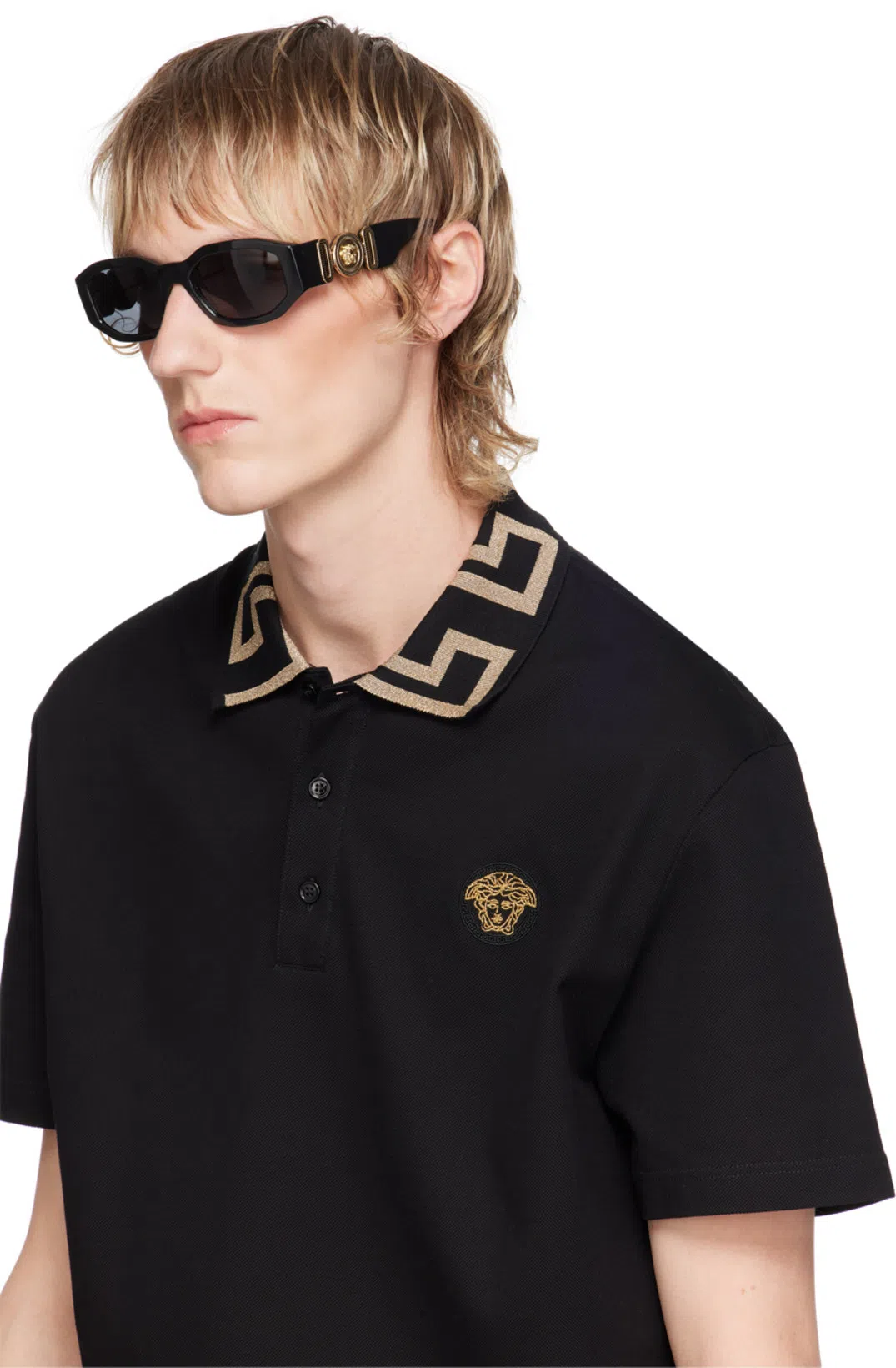 VERSACE Geometric Patterned Black Polo Shirt With Classic Placket