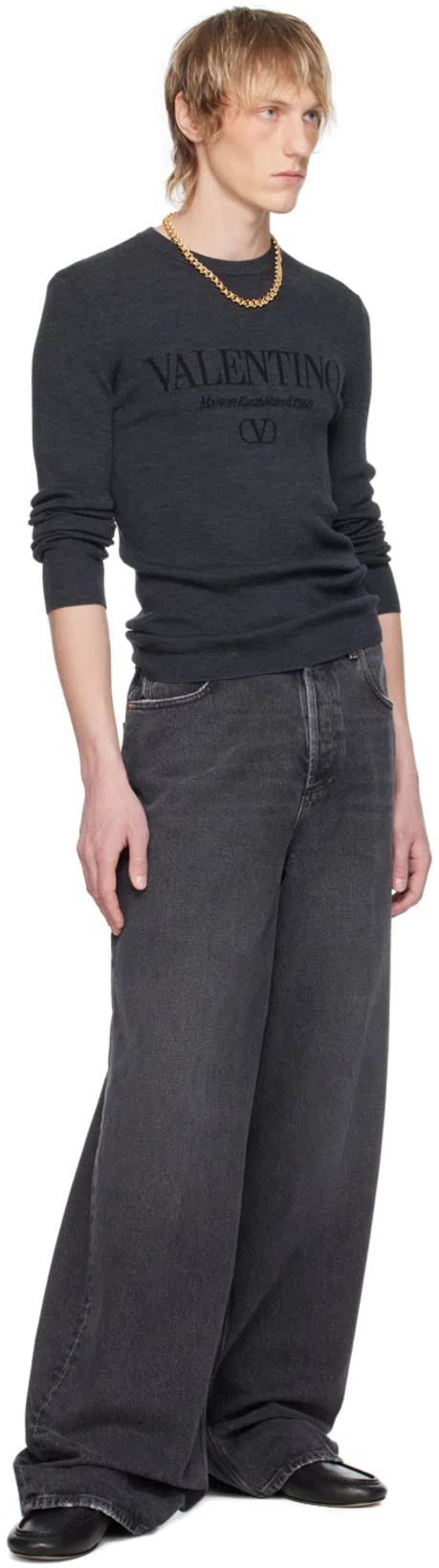 VALENTINO Logo Wool Crewneck Sweater In Grey