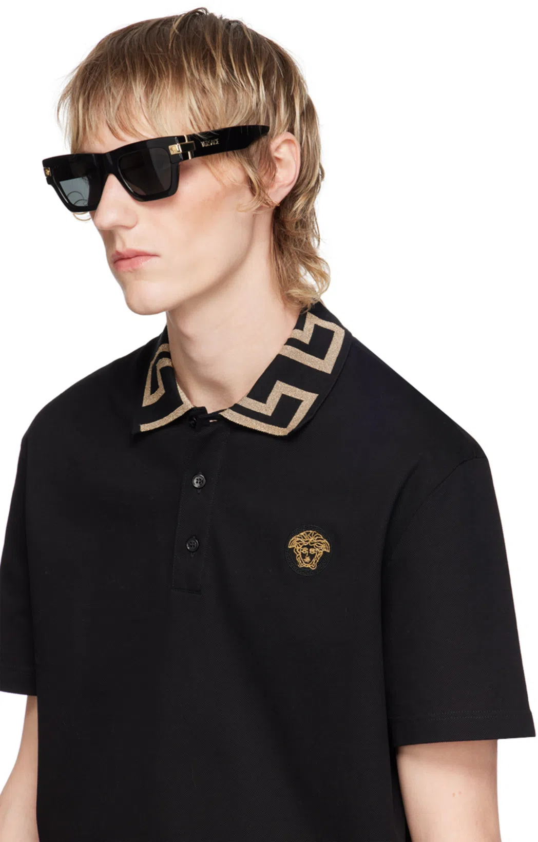 VERSACE Geometric Patterned Black Polo Shirt With Classic Placket