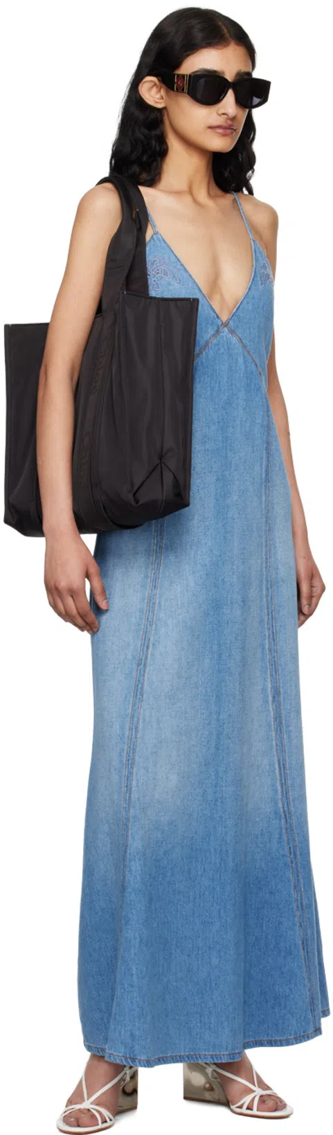 CHLOÉ Denim Maxi Dress With Eyelet Embroidery In Foggy Blue