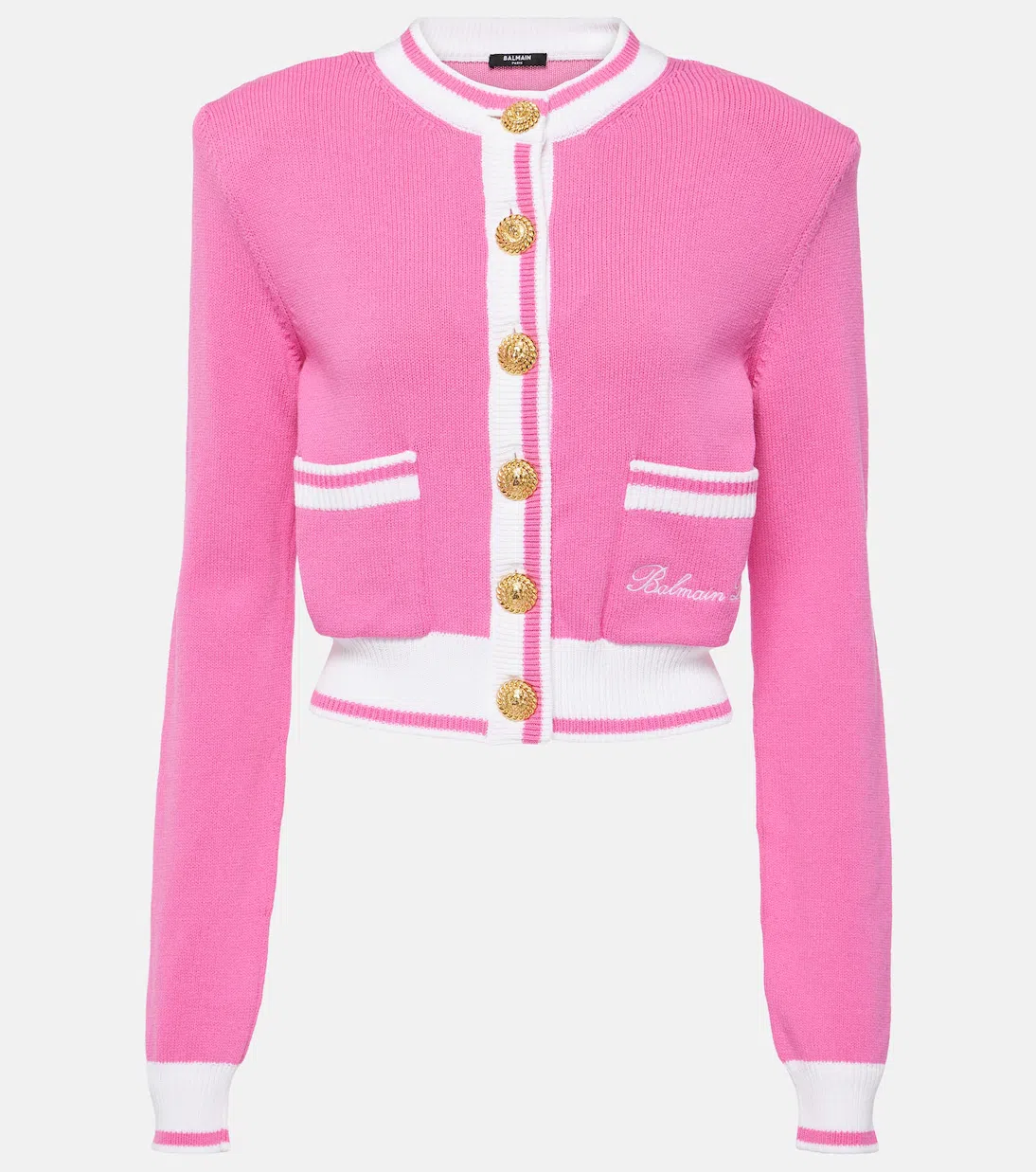 BALMAIN Strong-shoulder Signature Buttoned Knit Cardigan In Pink