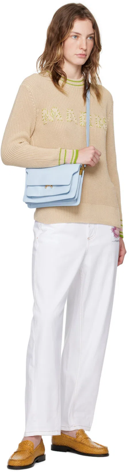 MARNI Wide Leg 5 Pockets Pants With Logo-button In White