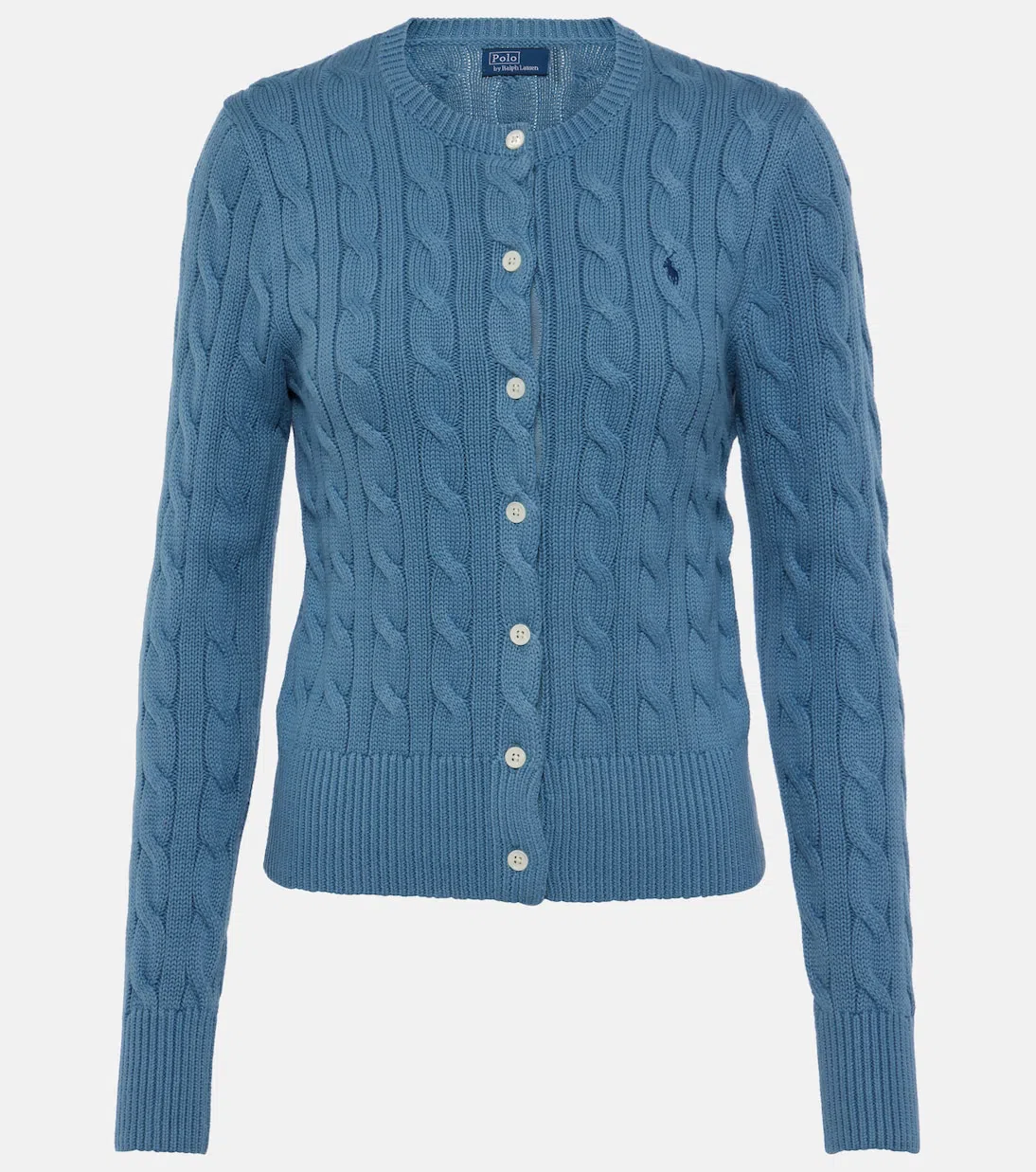 POLO RALPH LAUREN Cable Knit Cotton Crew Neck Cardigan In New Litchfield Blue
