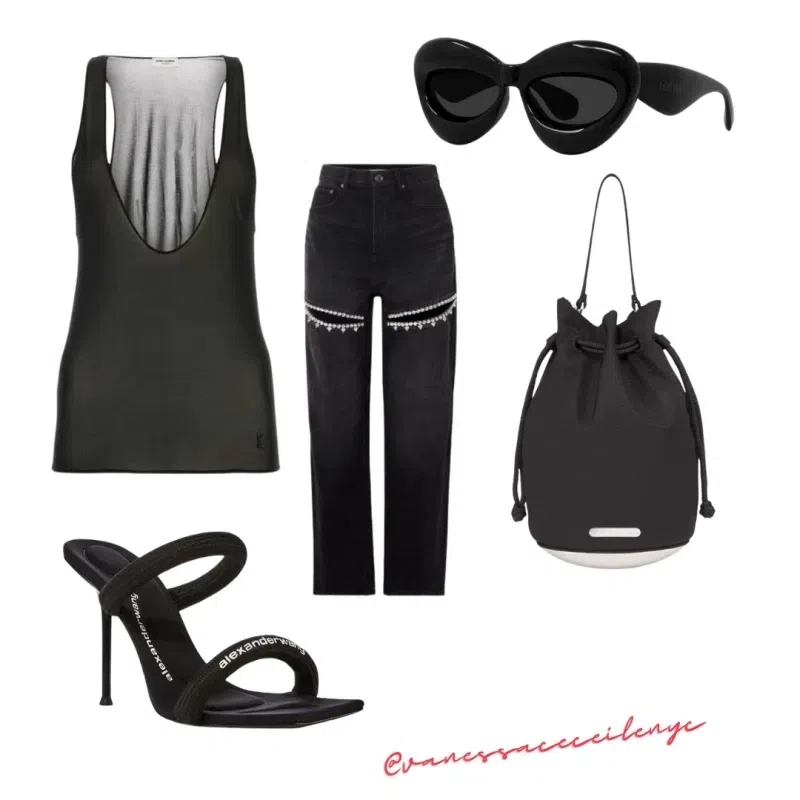 AREA Crystal Cutout Slit Straight Leg Jeans In Black