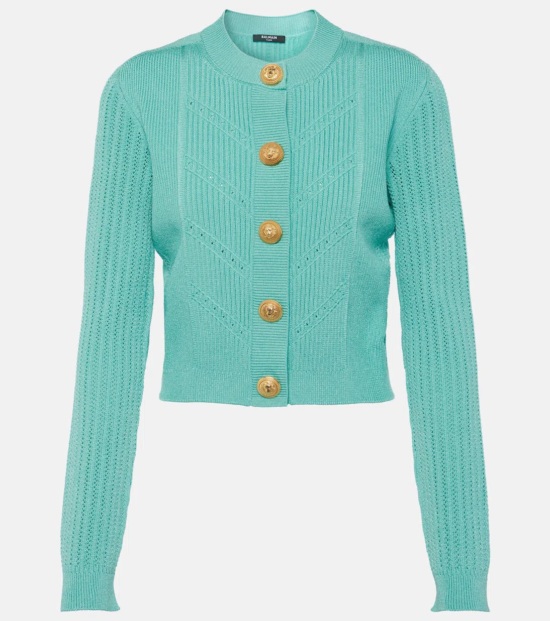 BALMAIN Buttoned Pointelle Rib Knit Short Cardigan In Blue