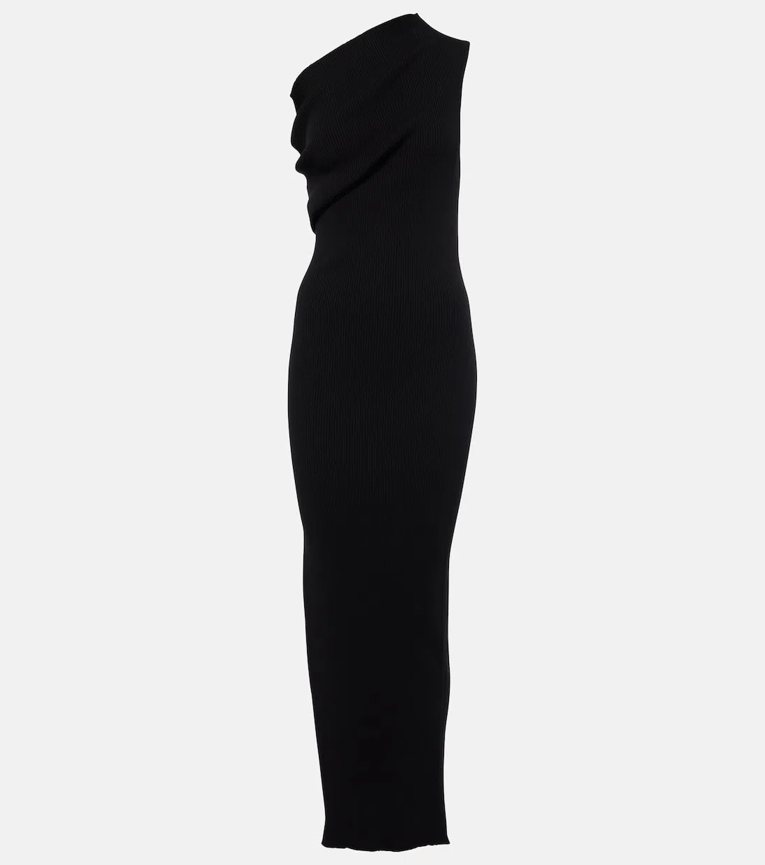 RICK OWENS Athena Long Black Ribbed One Shoulder Dress In Wool