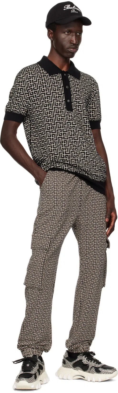 BALMAIN Wool And Linen Polo Shirt With Monogram Motif In Black