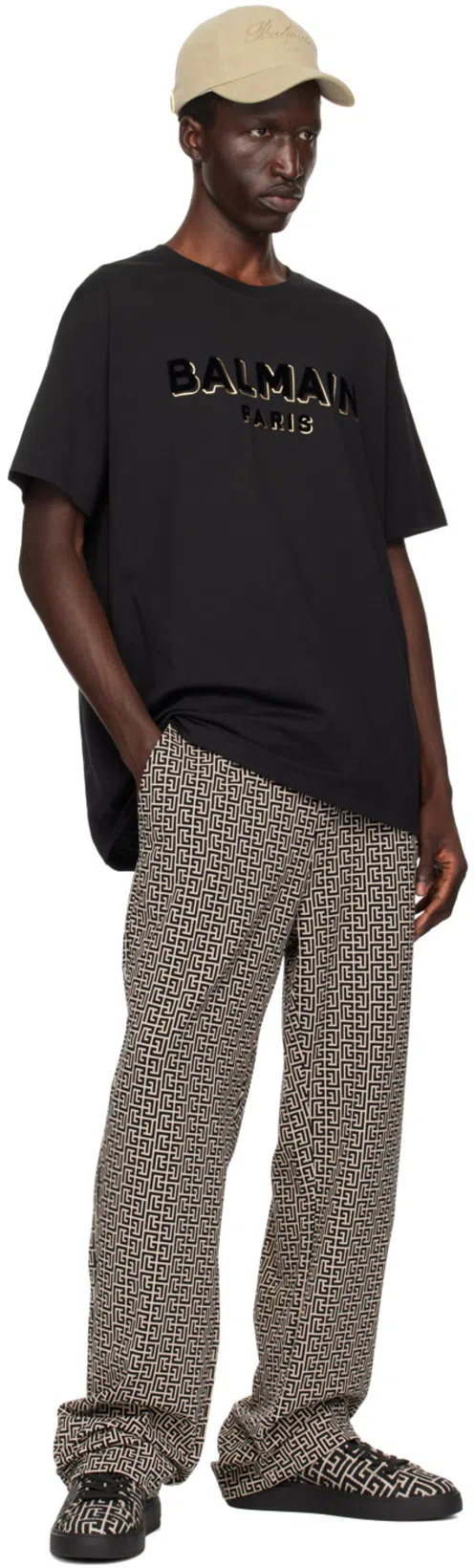 BALMAIN Black & Off-white Casual Monogram Sweatpants In Gfe Ivoire/noir