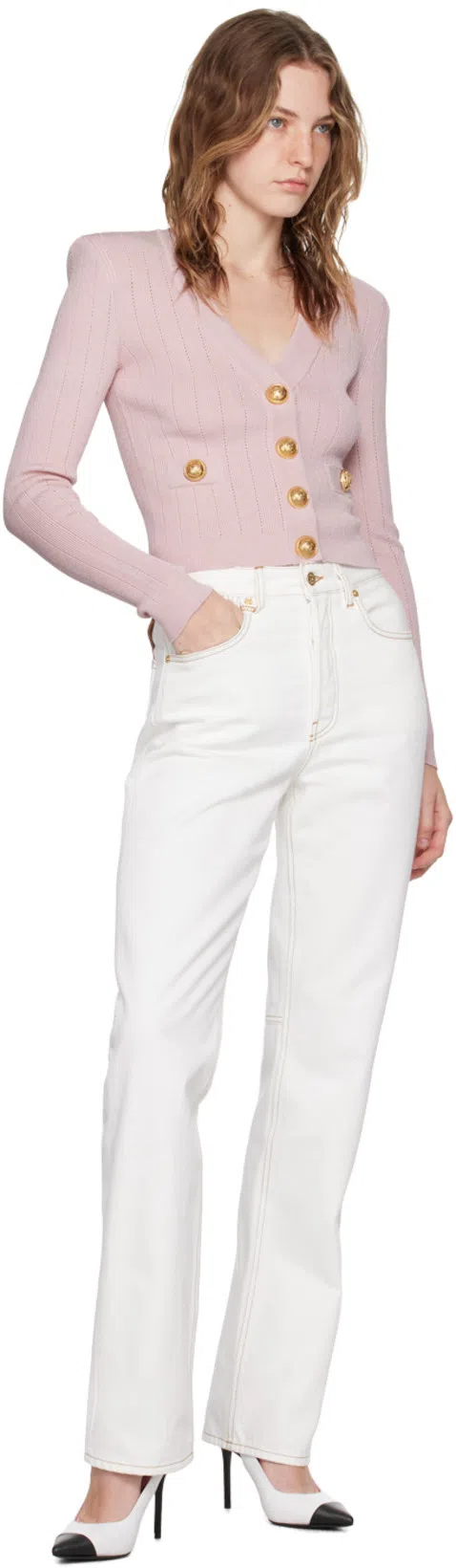 BALMAIN Buttoned Pointelle Rib Knit Crop Cardigan In Pink