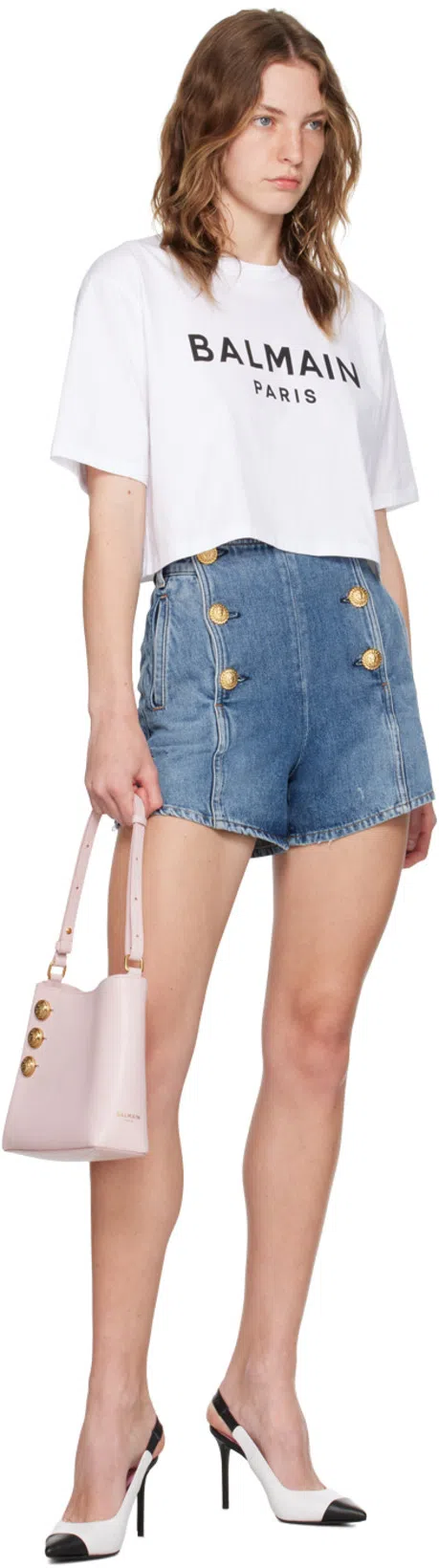 BALMAIN Logo-print Crop T-shirt In White