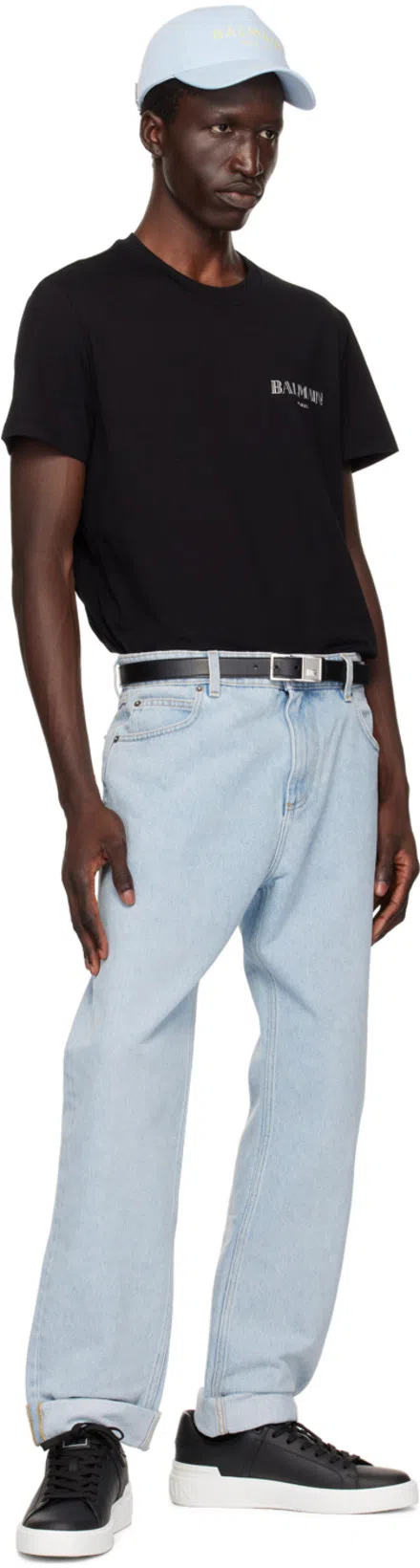 BALMAIN Black Crewneck T-shirt With Logo Print In Cotton Man