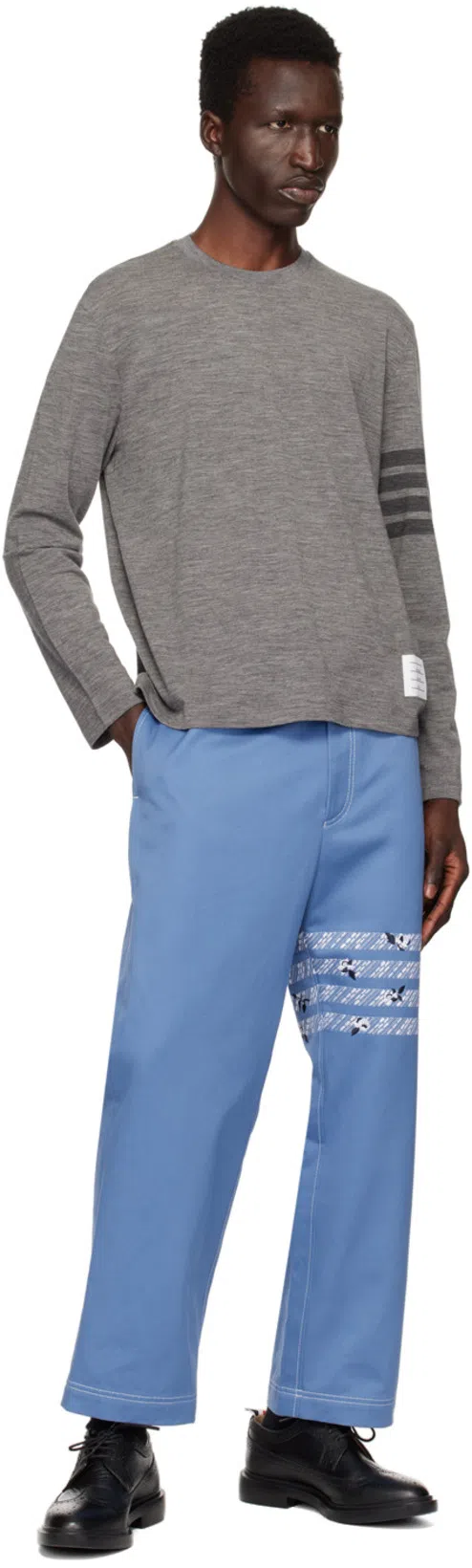 THOM BROWNE Heathered Grey Long-sleeve Knit Top With Subtle Stripe In Gray