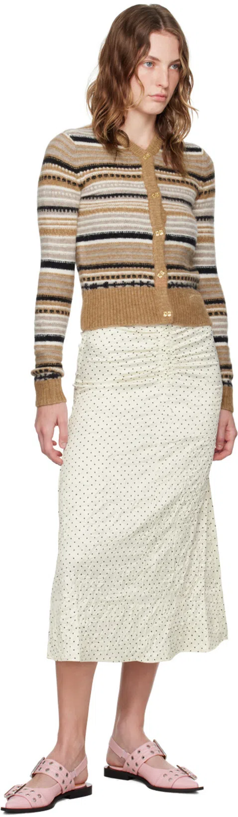 GANNI Women Cardigan With Stripe Pattern In Brown