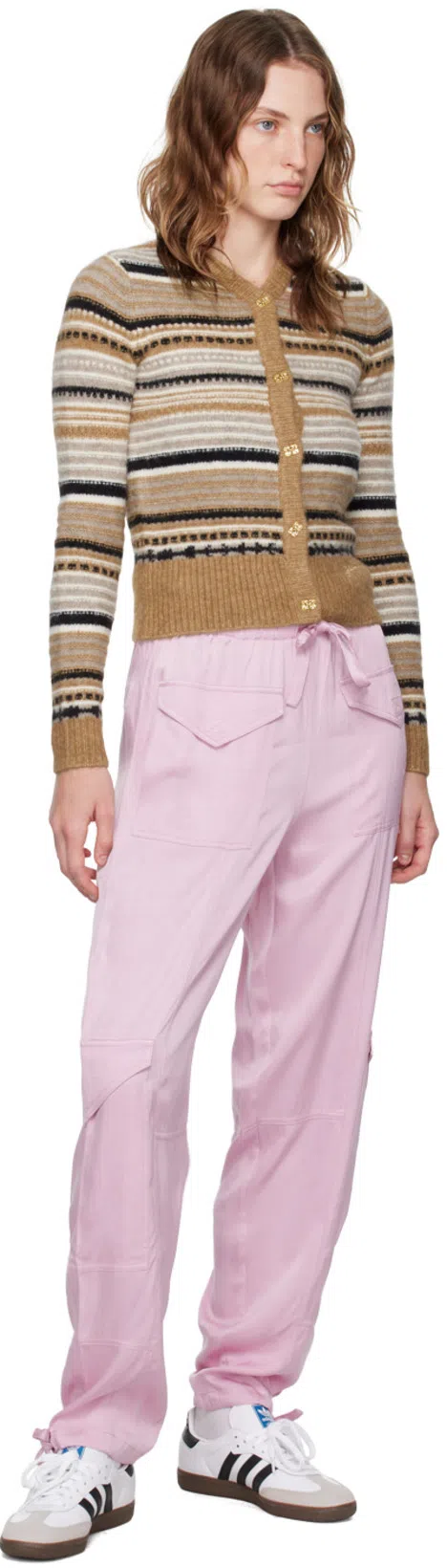 GANNI Women Cardigan With Stripe Pattern In Brown