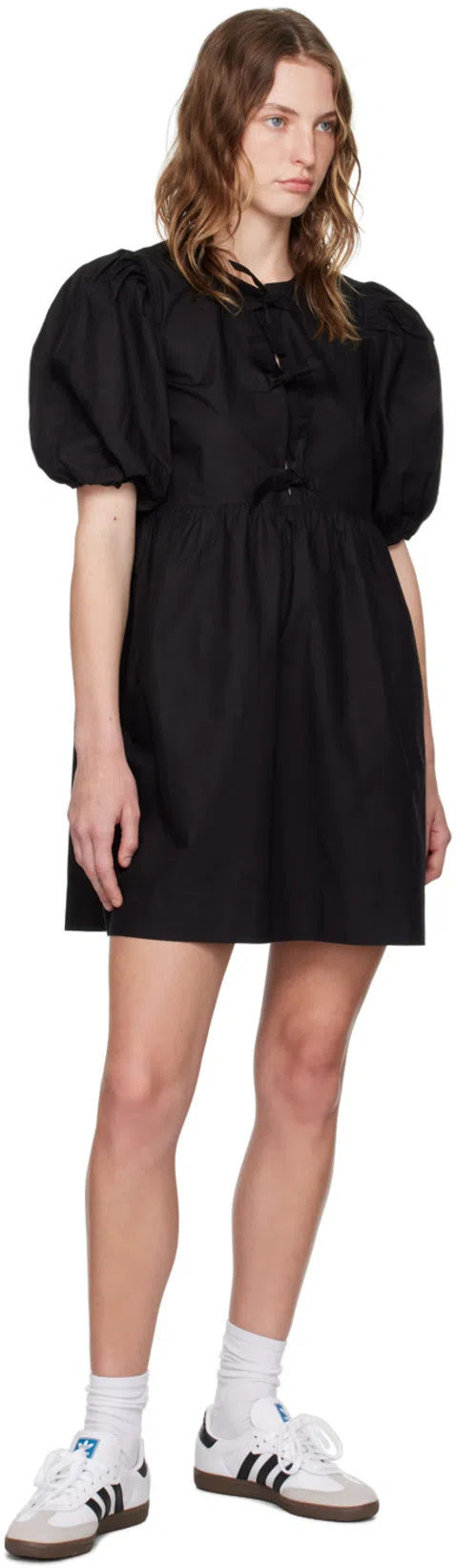 GANNI Cotton Poplin Tie String Mini Dress In Black