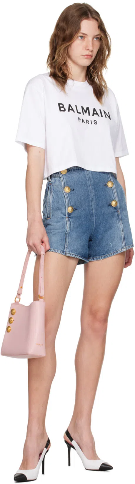 BALMAIN Logo-print Crop T-shirt In White