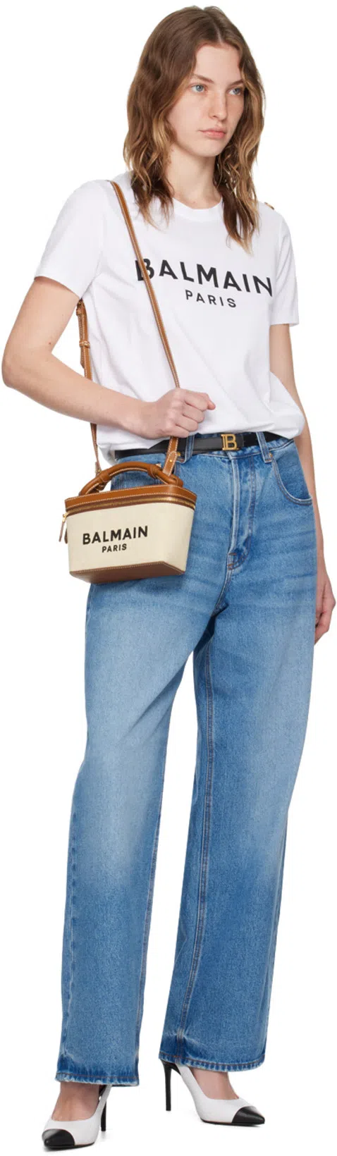 BALMAIN Structured Canvas Bag With Leather Handle And Logo In Neutral