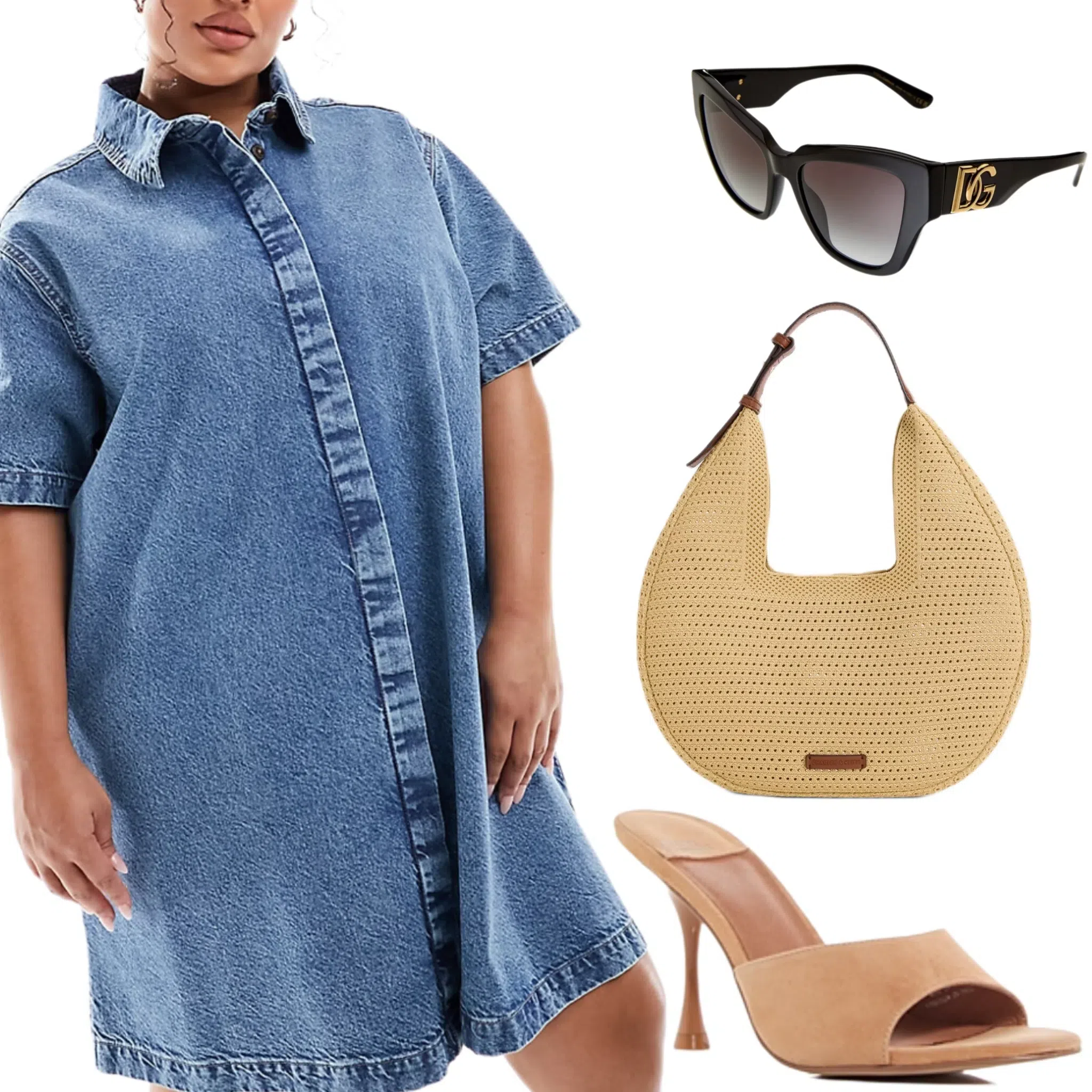 ASOS CURVE Asos Design Curve Short Sleeve Denim Shirt Dress In Midwash Blue