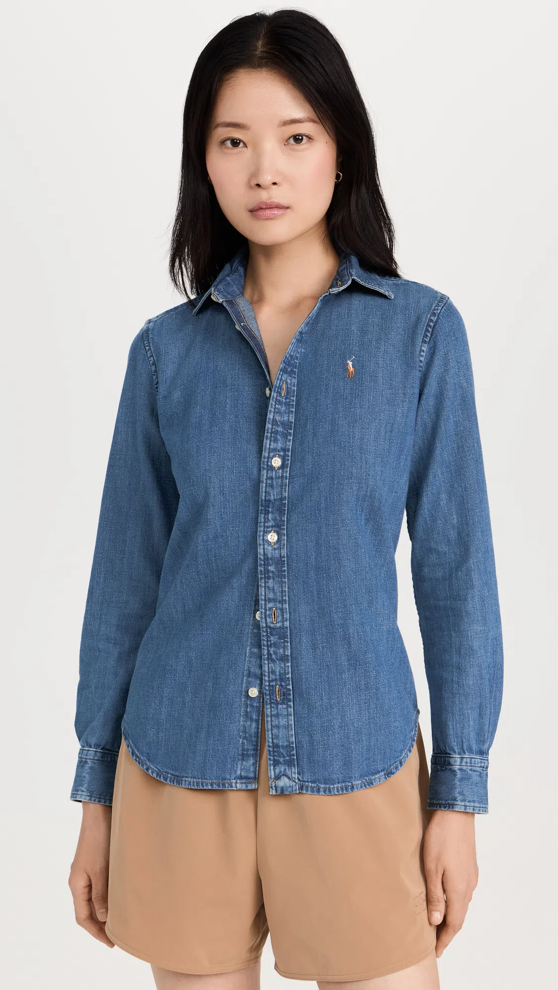 POLO RALPH LAUREN Blue Shirt With Classic Collar And Pony Embroidery On The Front In Denim Woman