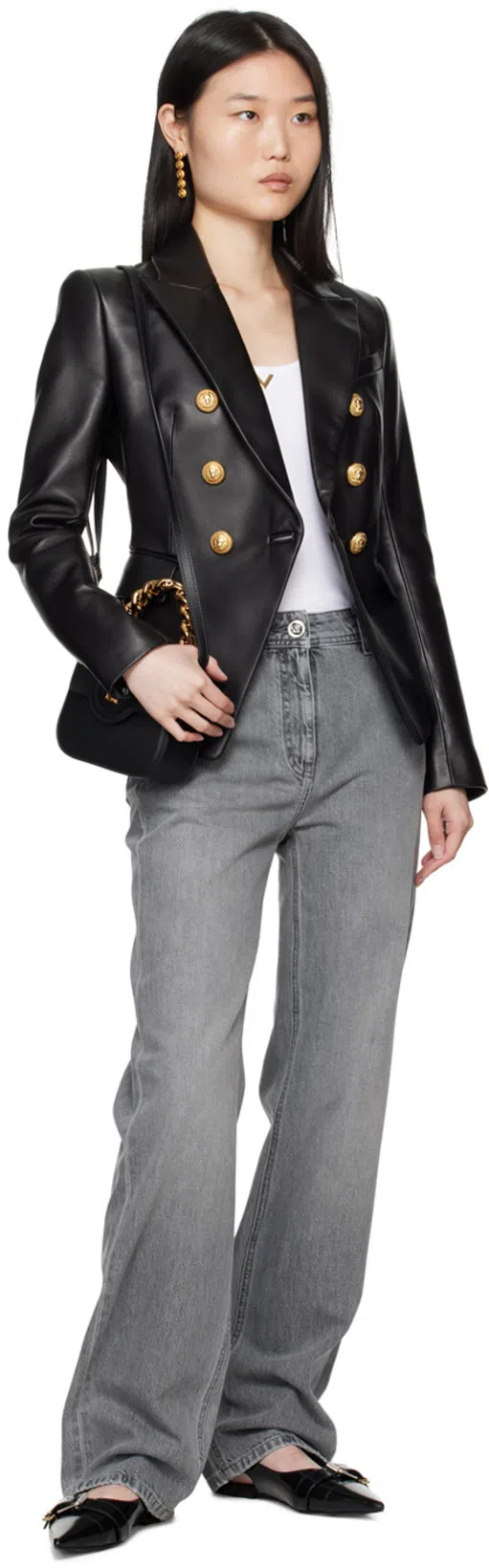 BALMAIN Black Double-breasted Jacket With Gold-colored Branded Buttons In Soft Leather Woman In Noir
