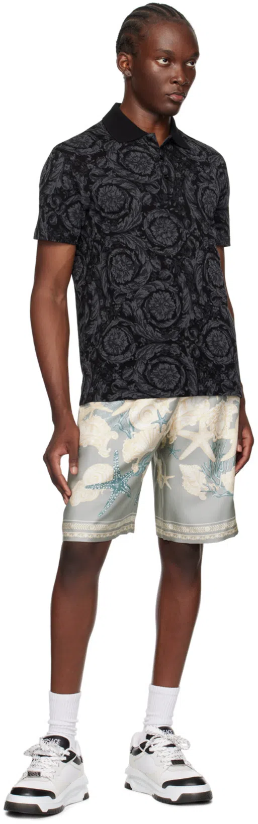 VERSACE Barocco Print Polo T-shirt In Grey