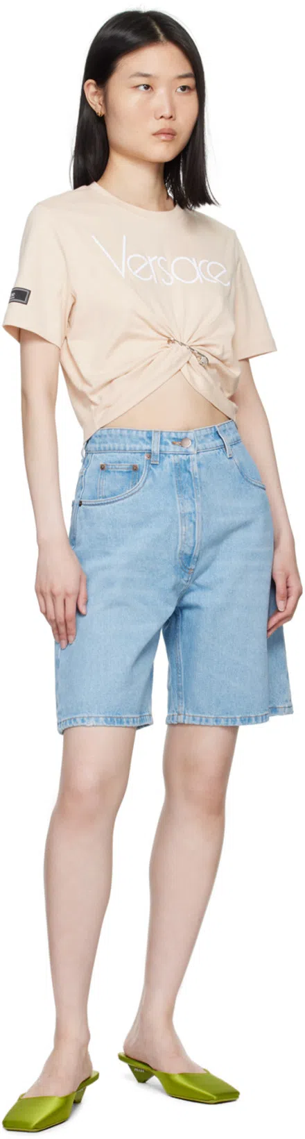 VERSACE Pale Pink Cotton Cropped Logo T-shirt In White